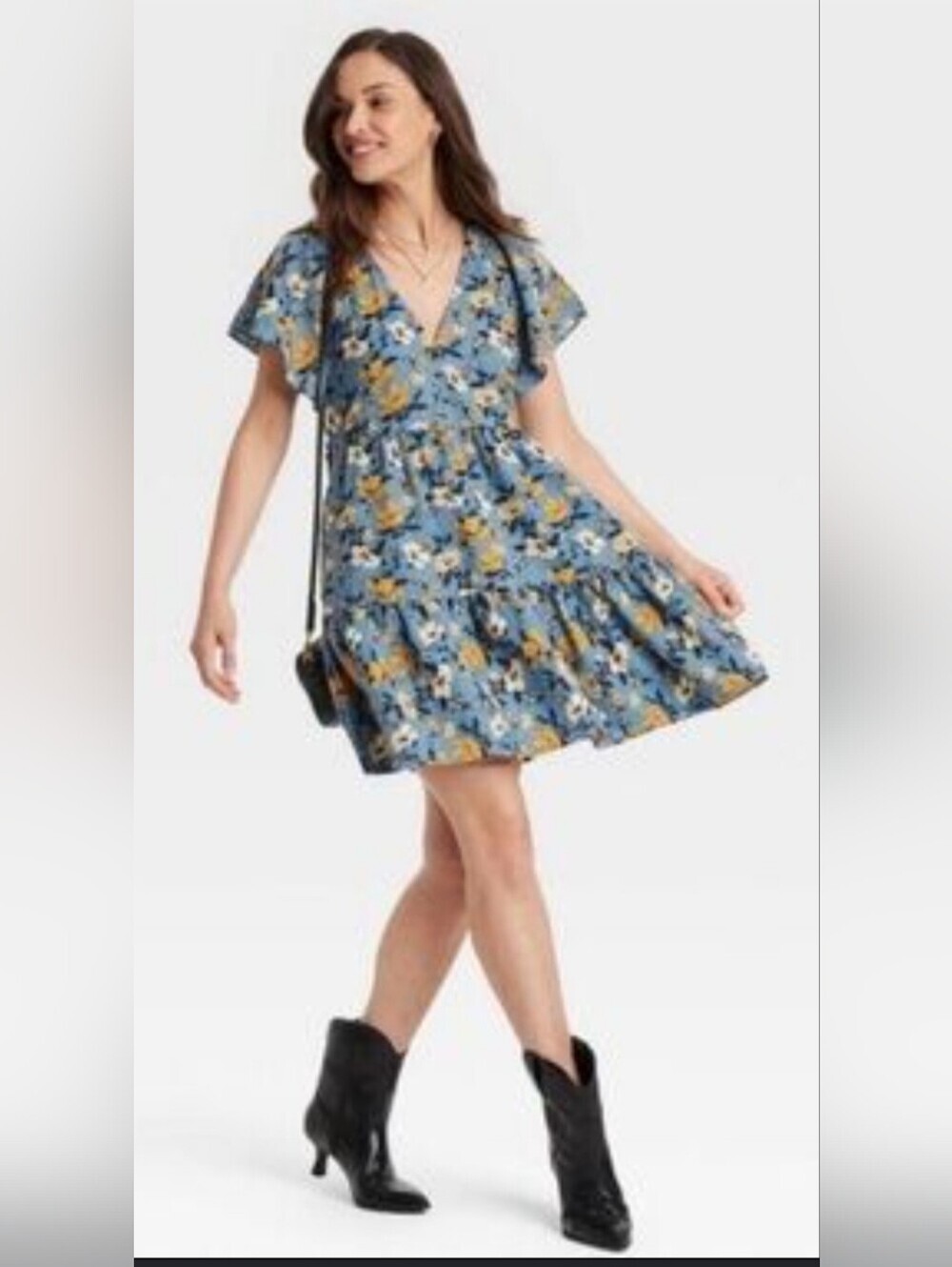 Universal Thread Blue Floral V-Neck Tiered Mini Dress